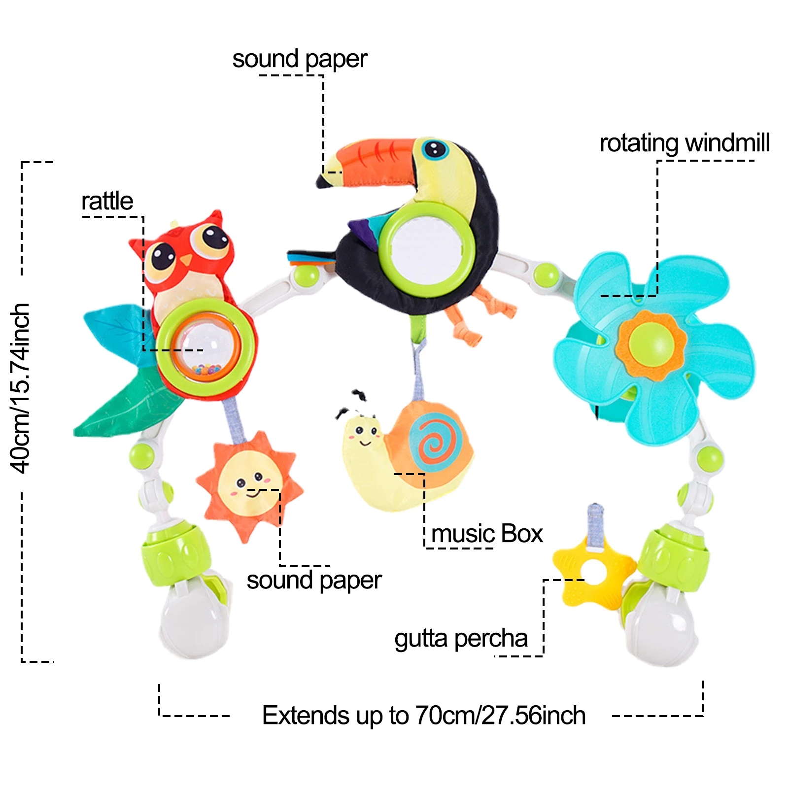 Barnvagnsleksaker musikalisk skallra leksaker med bitring för spjälsäng barnvagn bilbarnstol sensorisk utvecklingsleksak för bebisar 0 6 12 månader