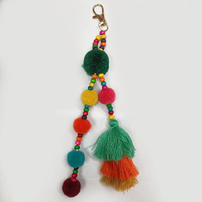 1pc Boho Style Colorful Keychains Wooden Beads Pompom Keyring With Rainbow Tassel Jewelry For Summer Women