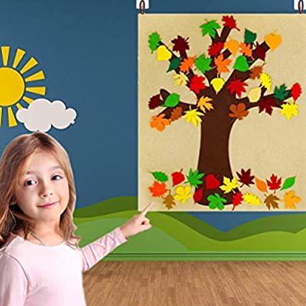 Tablero de árbol de Otoño de fieltro para niños, arte de pared para escuela, adornos de hojas de otoño, manualidades, bullets, actividades de acción de gracias, aula y dormitorio