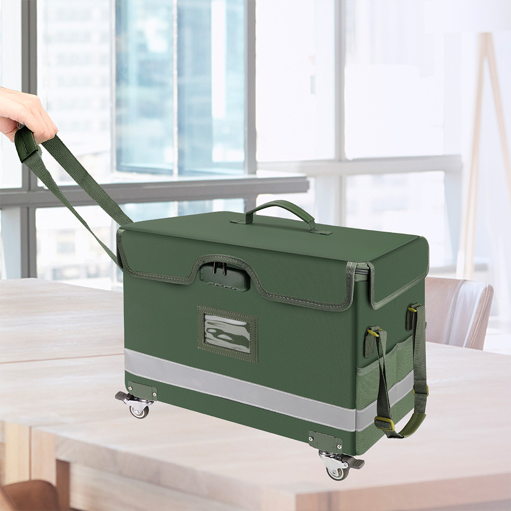 Fireproof File Box with Lock and Wheels - Waterproof File Safe, Foldable, Portable Office Home File Storage Box with Reflective