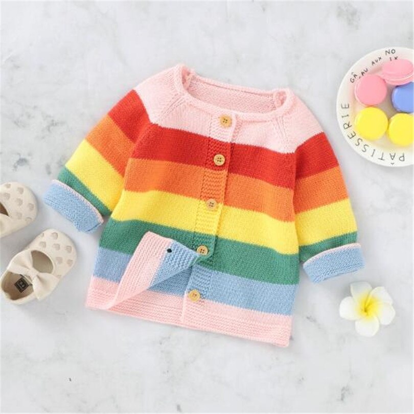 Roupa Do Bebê Recém-nascido Do bebê Cardigan Camisola de Malha Outono Rainbow Casaco Cardiagn Camisola Da Menina Da Criança Do Bebê Meninas Casaco Cardigan