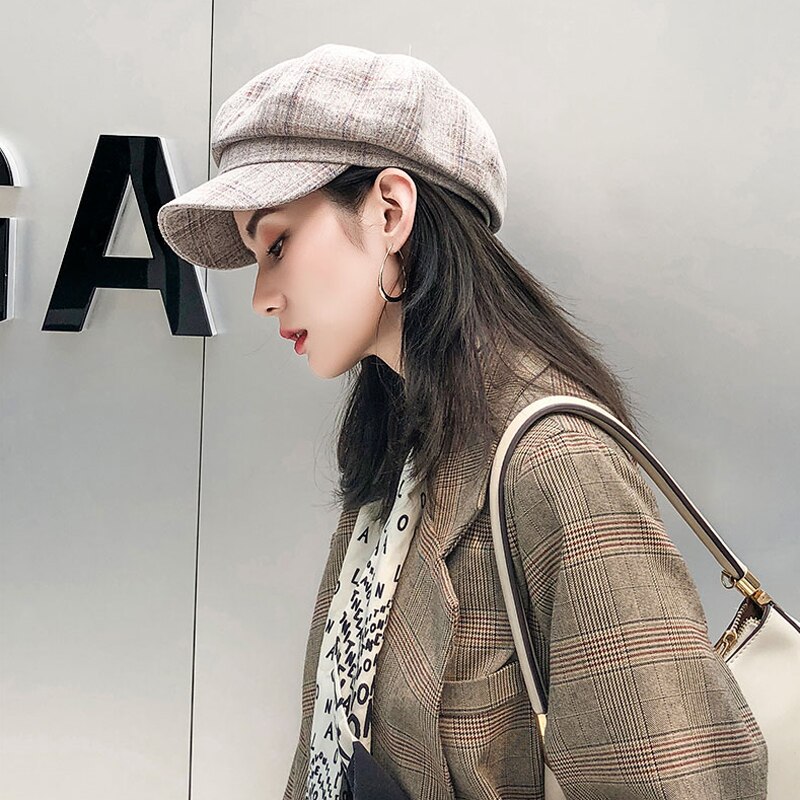 Foux-gorros de tela escocesa para mujer, boina octogonal de cuero con cuerda ajustable a rayas, estilo coreano, para verano,