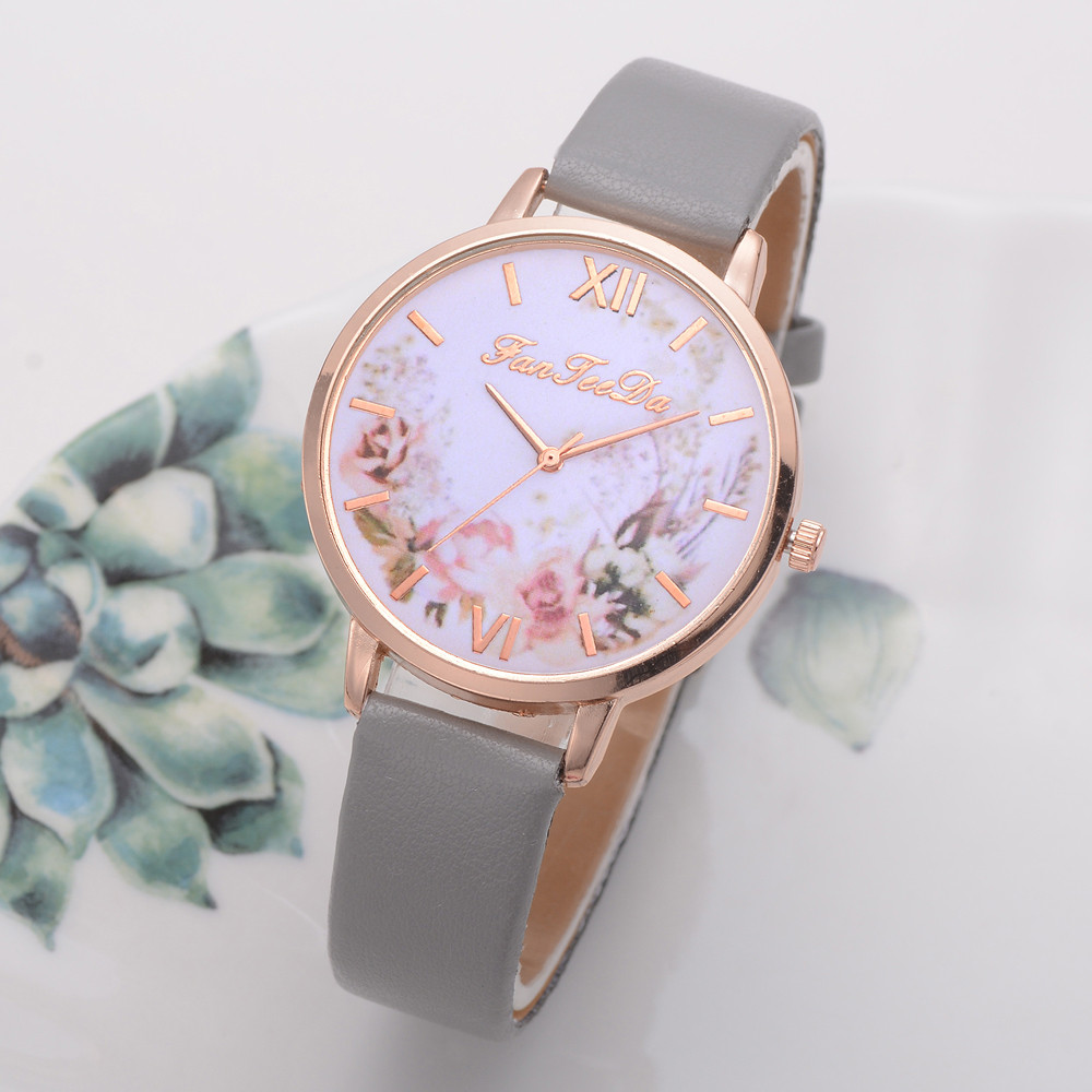 Dames Horloges Vrouwen Gedrukt Bloem Polshorloge Luxe Casual Quartz Lederen Polshorloge Mode Vrouwelijke Jurk Klok