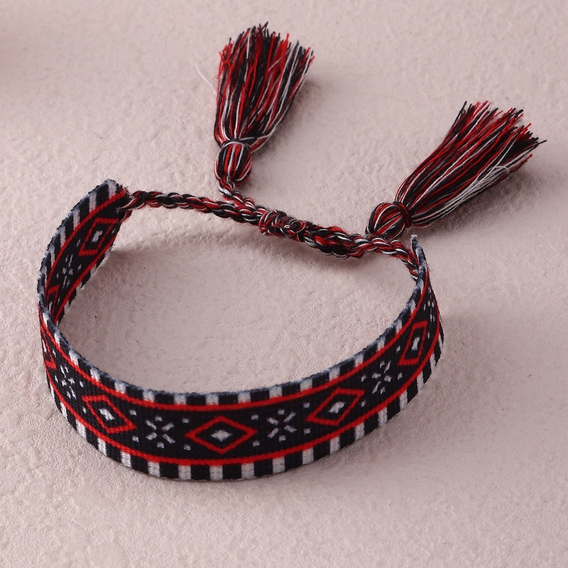 Bracelet en tissu brodé de lettres ethniques pour femmes, bijoux de luxe, style bohème, pompon réglable, d&#39;amitié