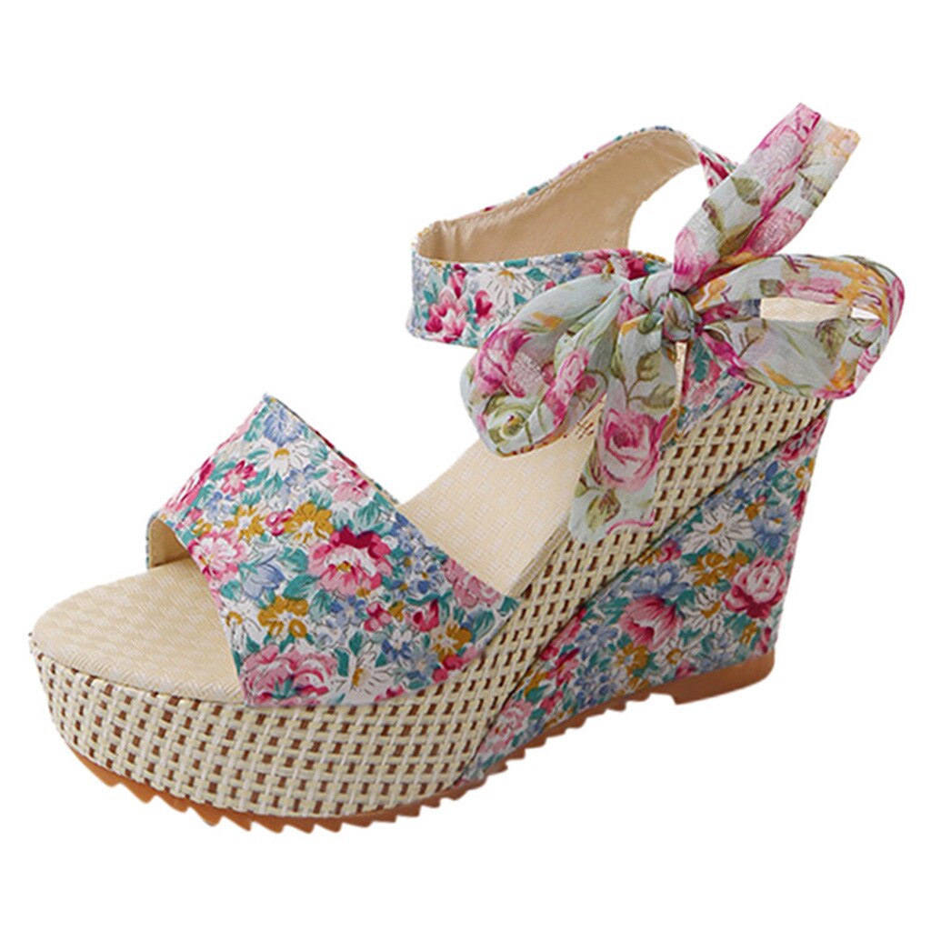 Zomer Wig Sandalen Vrouwen Dames Platform Wiggen Hak Sandalen Bloemen Strik Lace-Up Schoenen Open Teen dames Schoenen: Blauw / 8