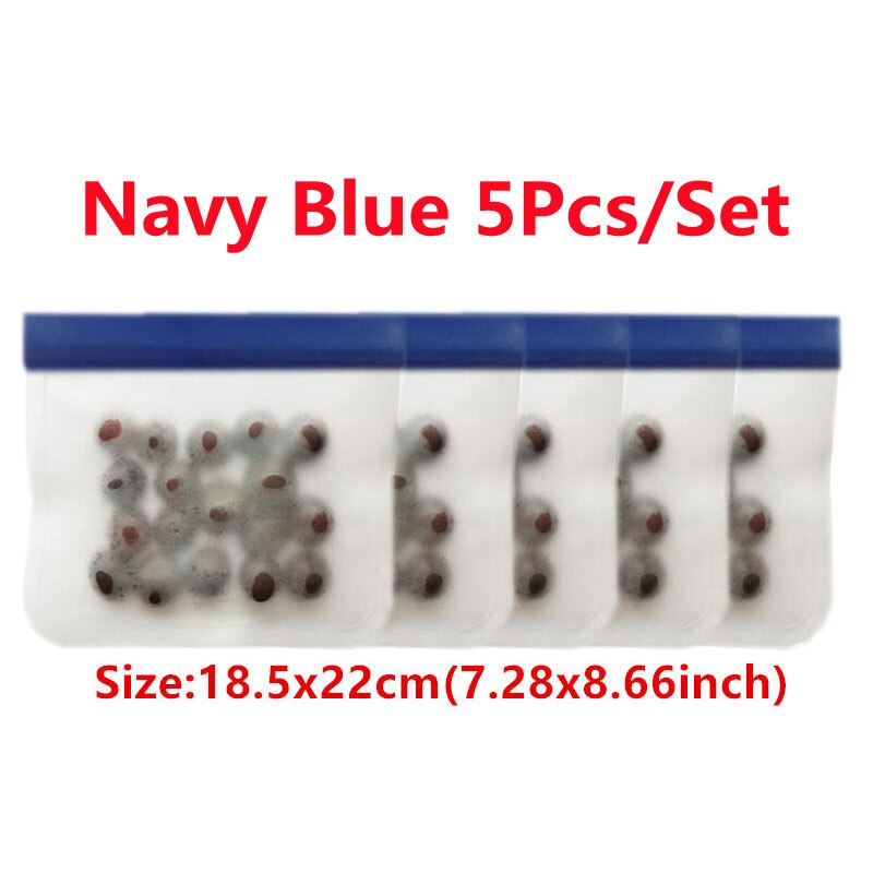 Juego de Bolsas de Silicona para Alimentos, Conjunto de Empaques con Sello, Ideal para Almacenamiento y Conservación Fresca de Frutas y Verduras, Reutilizable, A Prueba de Fugas, Estilo Bolsa Ziploc, 14 Piezas: 5Pcs Navy Blue
