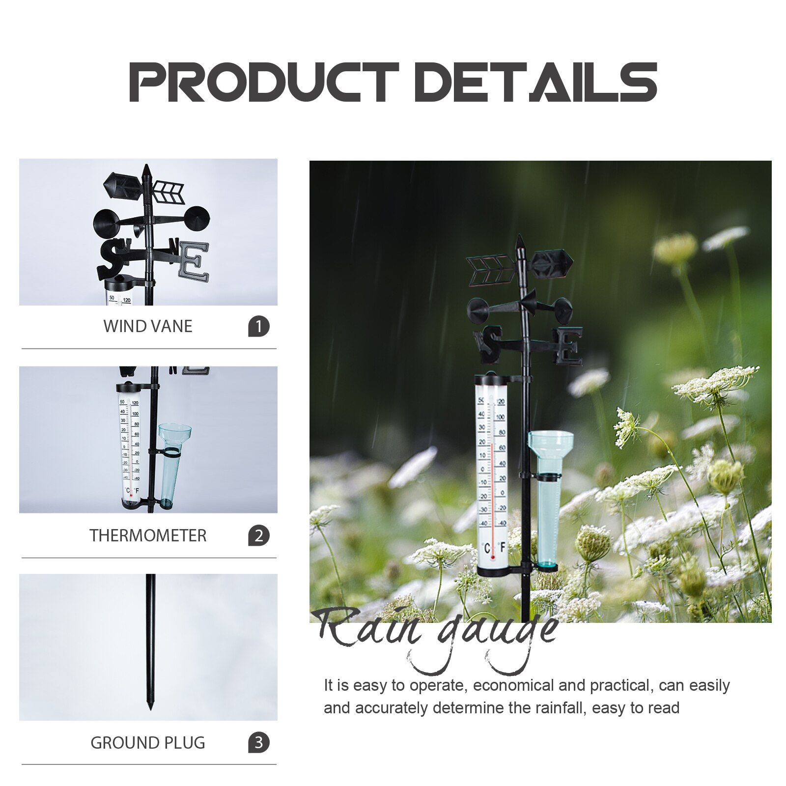 3-in-1 Outdoor Rain Gauge Practical Rain Measurer Wind Indicator