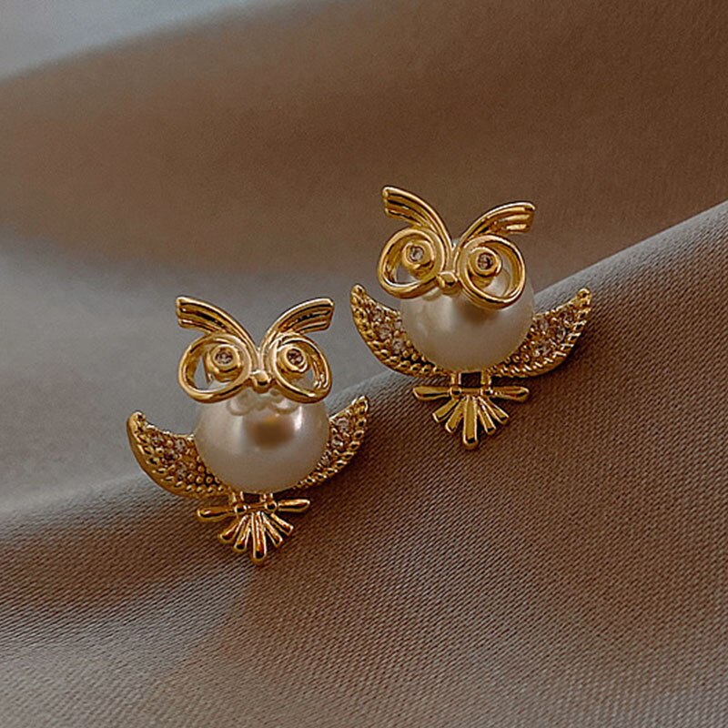 2021 nowe słodkie zwierzęce kolczyki dla kobiet Temperament koń kotek sowa perła kolczyki z kryształem dziewczyny biżuteria urodzinowa: Owl
