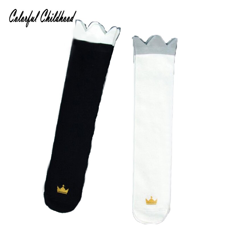 Kinderen meisjes lange sokken peuter baby jongens kniekousen zwart/wit kroon laarzen sokken katoen warme kinder beenwarmers