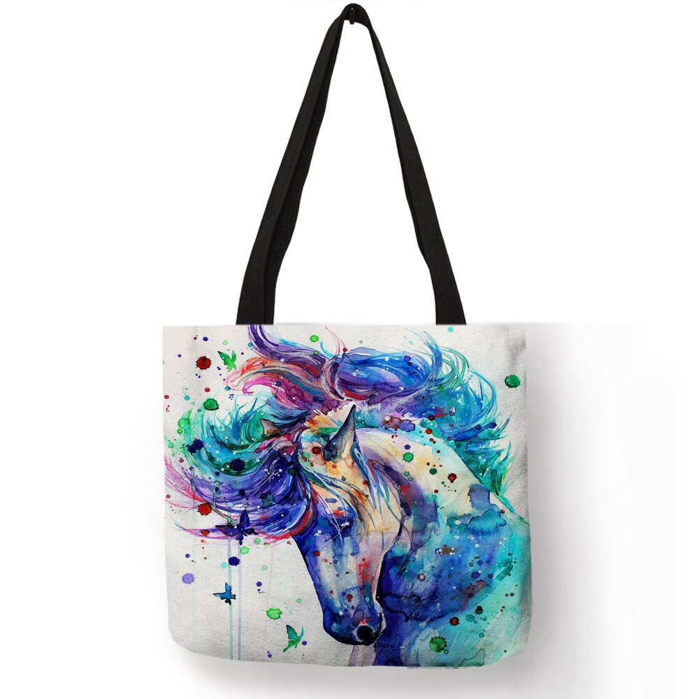 Aquarel Paard Print Linnen Shopping Bag Tote Folding Herbruikbare Reizen School Schoudertassen Casual Handtassen Voor Vrouwen: 004