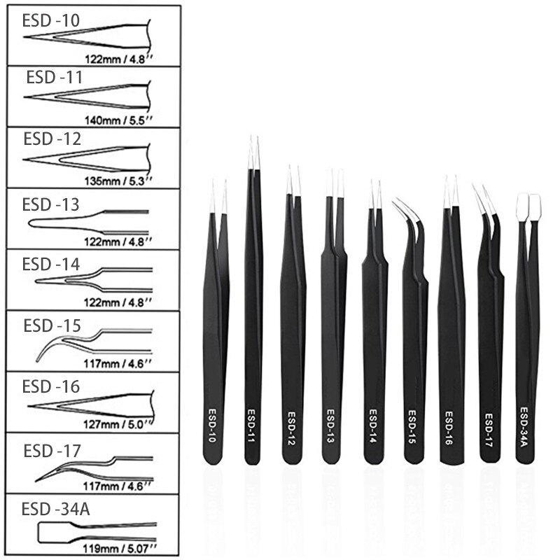 10Pcs ESD Stainless Tweezers Tool Set High Precision Tip Curved Straight Antistatic Tweezer Nipper Repair Tool