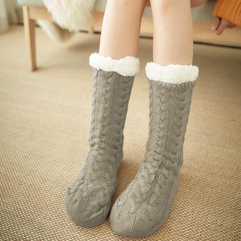 Winter Thick Warm Fluffy Floor Socks For Women Sneakers Kawaii Acrylic Cotton Wool Non-Slip Red Christmas Snow Slippers Socks: light coffee