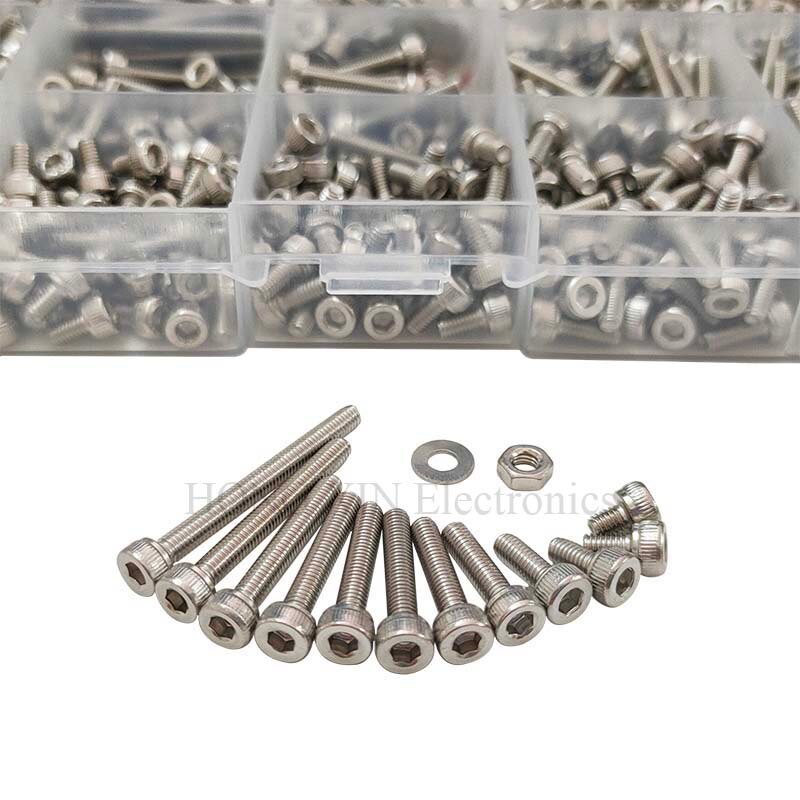 1110pcs/Set Stainless Steel M3 Socket Head Cap Screws and Nuts Flat Washer Assortment Kit with Tweezer