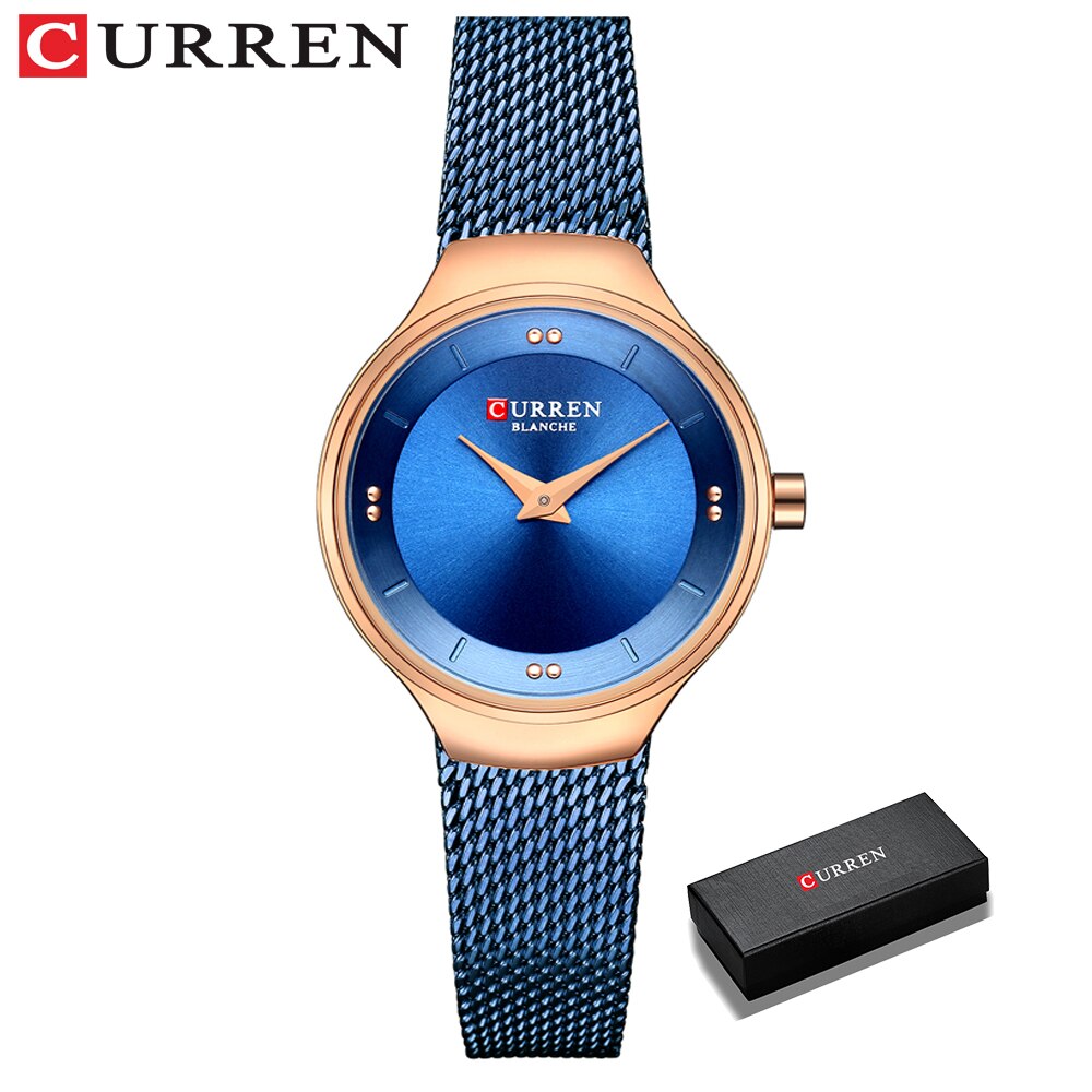 Elegante Vrouwen Horloges Curren Quartz Roestvrij Staal Mesh Horloge Vrouwelijke Eenvoudige Horloge Voor Dames Klok Reloj Mujer: blue box