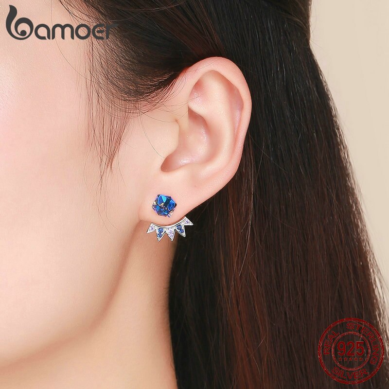BAMOER Authentieke 925 Sterling Silver Blue Vierkante Geometrische Prachtige Stud Oorbellen Vrouwen Vintage Zilveren Sieraden SCE544