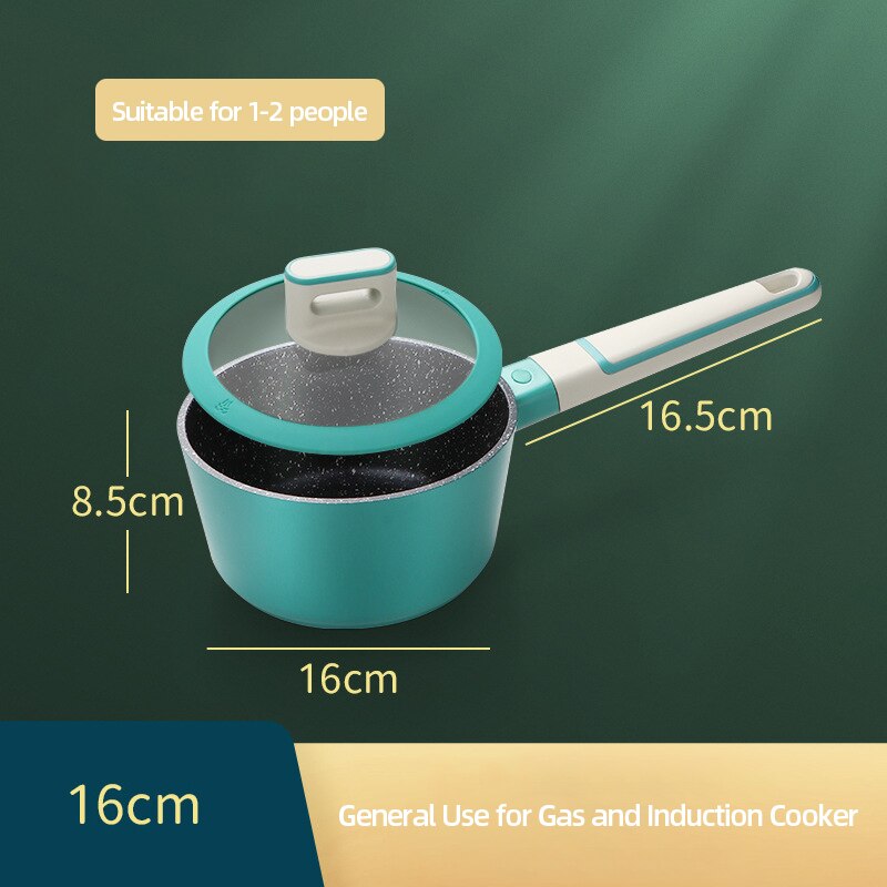 1.7L Induction Cooker Soup Cooking Instant Noodle Bowl With Transparent Lid Mini Enamel Nonstick Small Coffee Milk Pot: 16cm Green