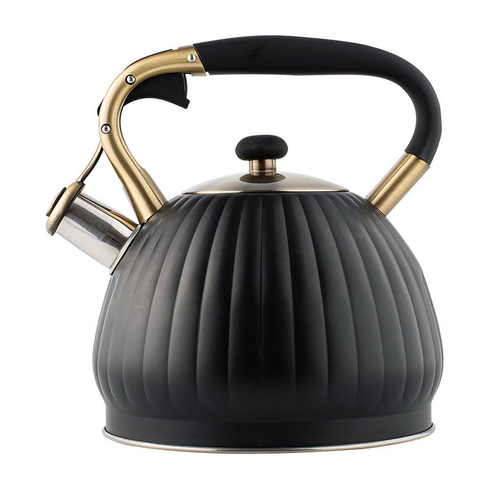 Bouilloire à thé en acier inoxydable, théière universelle en forme de citrouille noire, avec poignée résistante à la chaleur, pour toutes les cuisinières, 3,5 l: 3.5L Black