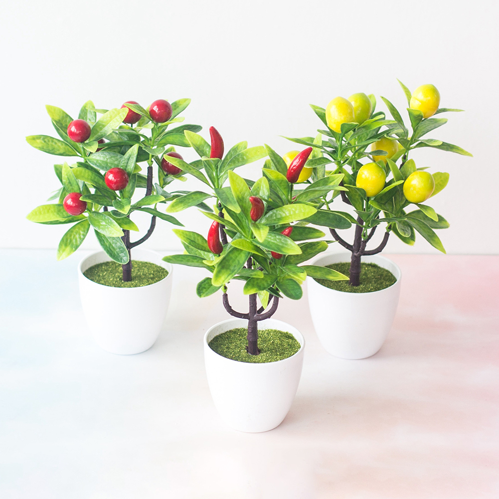 1pc kunstmatige fruitbomen bonsai bruiloft feest thuiskantoor bureau bonsai decoratie aardbei sinaasappel chinese bessen chili appel perzik t