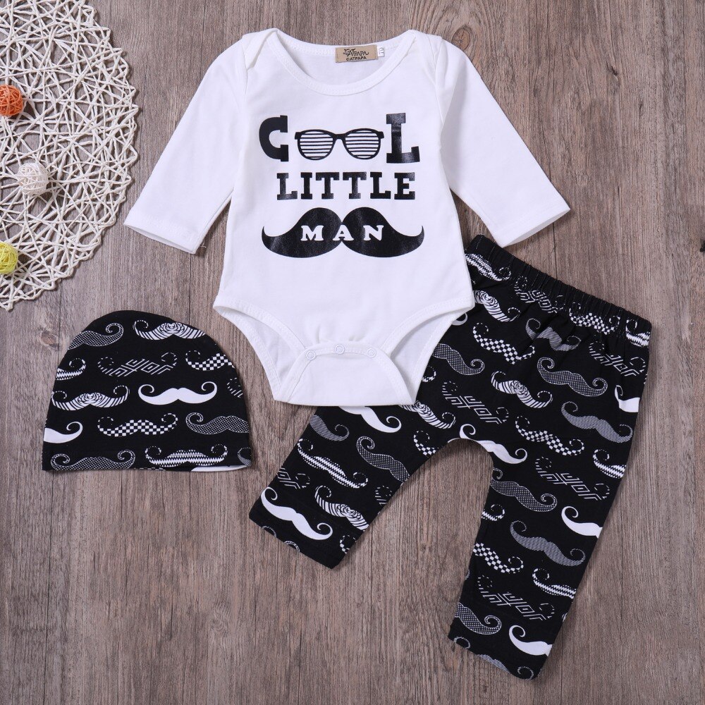 Cool litttle Man Baby boy clothing 2PCS Suit Baby Romper +Long Moustache Pants +Hat Newbon Baby boys Outfits Set