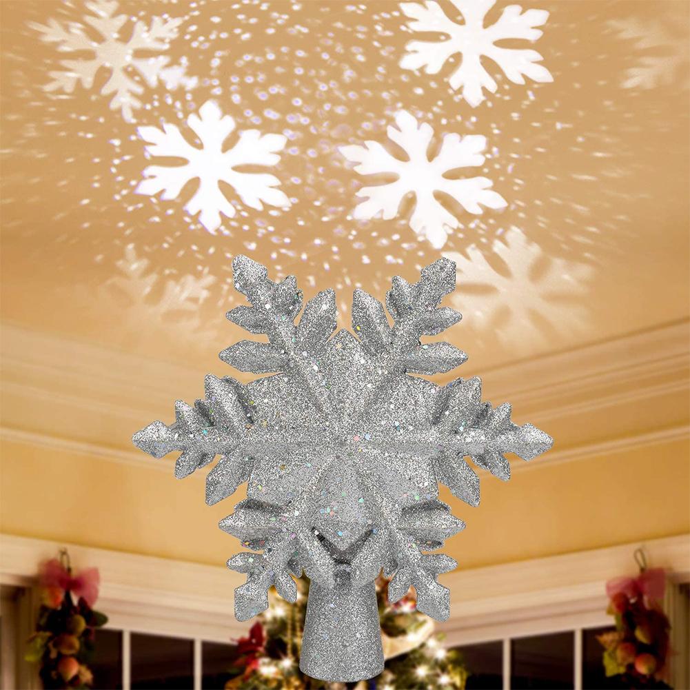 Christmas Tree Topper Lighted with White Snowflake Projector Rotating 3D Glitter Lighted Christmas Decorations for Tree