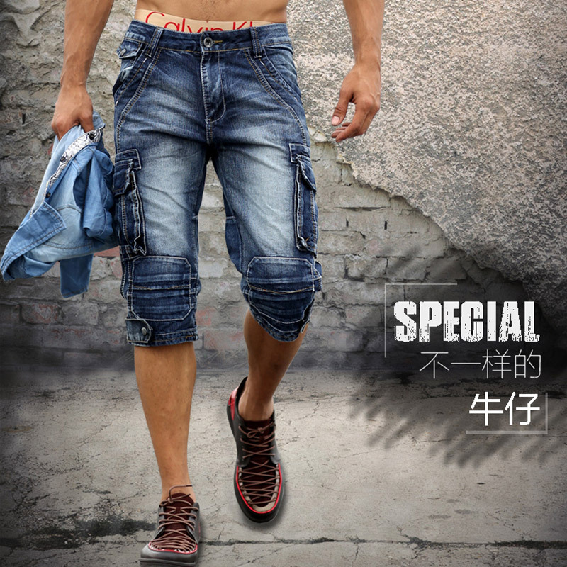 men's denim shorts male shorts Washed denim short multi-pocket men jeans shorts homme Plus size 29-40