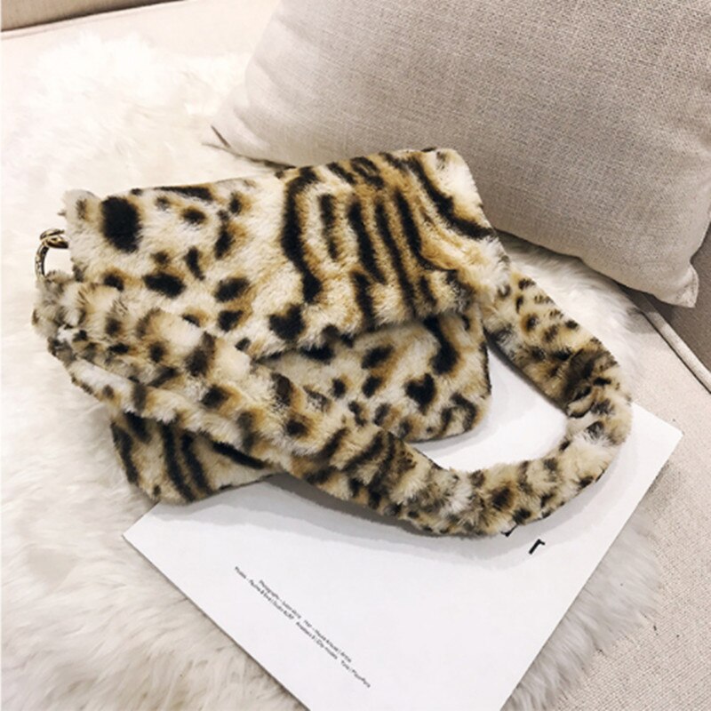 Kvinder vinter skuldertaske i kunstpels håndtaske dame leopard print håndtaske kvindelig fest små piger tote taske jul: Leopard