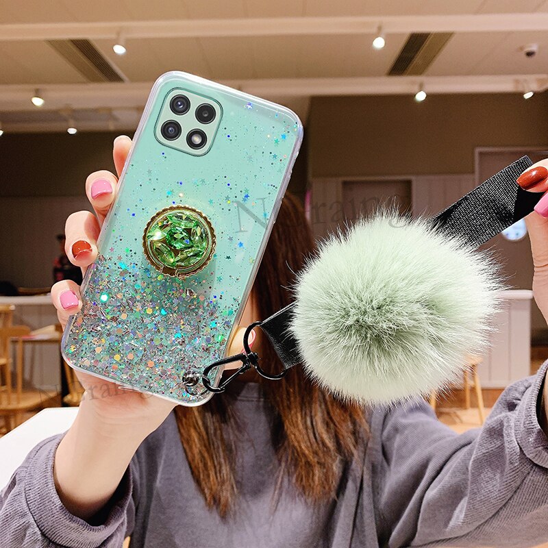 Handphone case for Samsung Galaxy A22S A22 4G 5G soft tpu Luxury Rhinestone Ring Holder Hariball With strap: Samsung A22 5G / green