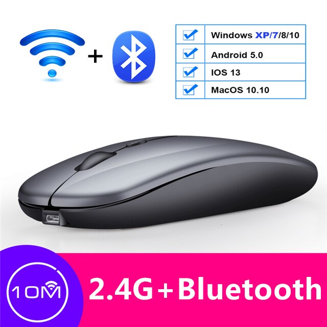 Draadloze Muis Bluetooth Muis Oplaadbare Usb Wifi Muizen Voor Pc Desktop Laptop Accessoires Stille Ergonomische Muis Inalámbrico: Gray 2.4G and BT