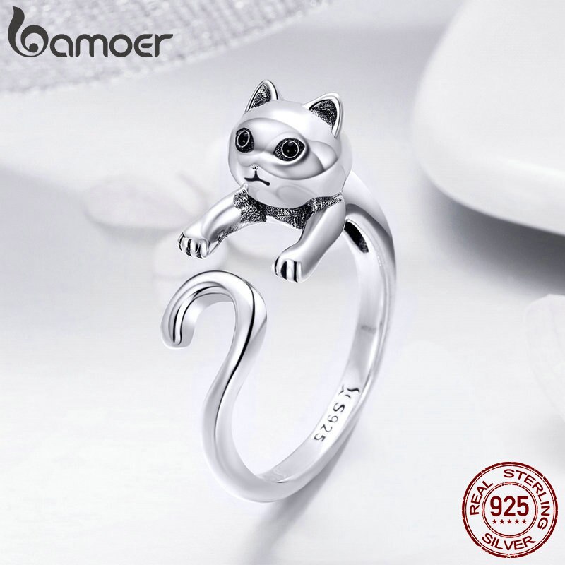 BAMOER Echtem 925 Sterling Silber Lange Schwanz Frech Katze Finger Ringe für Frauen Einstellbare Größe Sterling Silber Schmuck SCR409