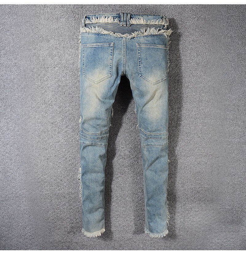 Herre vintage vasket denim frynser biker jeans for moto slim fit straight patchwork bukser for store og høye bukser