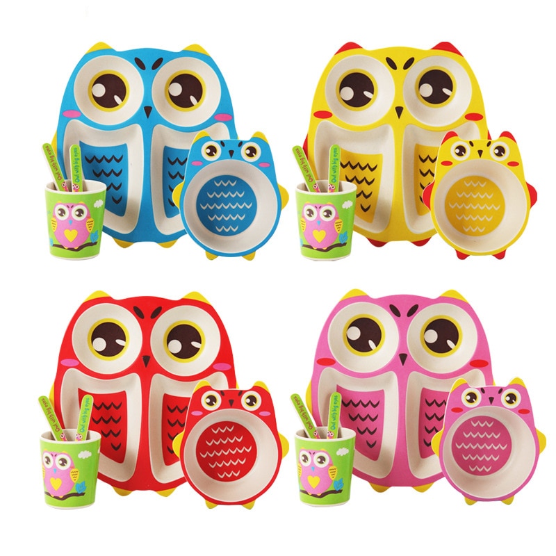 Owl Baby Dinnerware Set Bamboo Fiber Children's Plate Cartoon Baby Feeding Dishesd With Fork Spoon Cup Kids Tableware