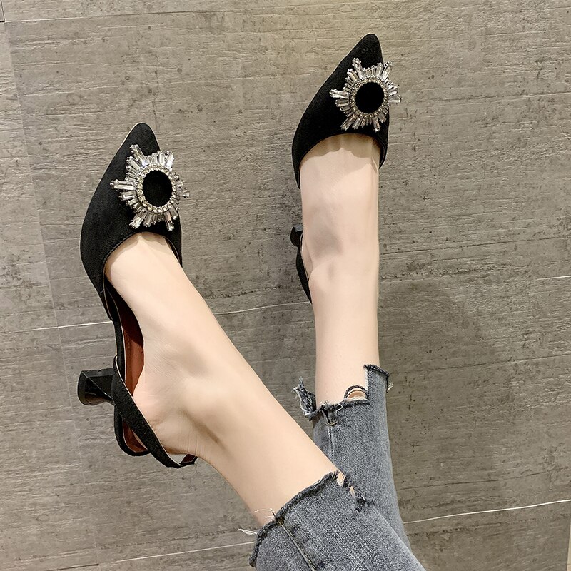 Solid Black Pointed Toe Women Shoes Woman Sandals Summer Metal Buckle High Heels Slip On Ladies Shoes Female Pumps