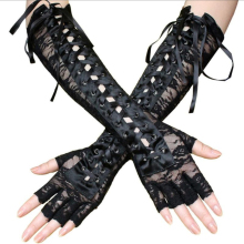 Kanten Handschoenen Sexy Kant Lange Handschoenen Winter Elleboog Lengte Half-Vinger Handschoenen Lint Vingerloze Visnet Mesh Ceremoniële Party Handschoenen: Black