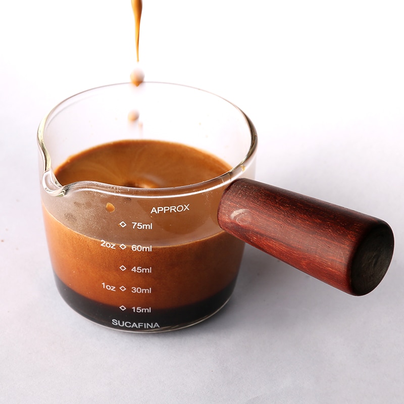 Espresso Koffie Meten Ounce Cup Houten Handvat Schaal Hoge Borosilicaatglas Huishouden Cafe Winkel Metering Transparante 75Ml