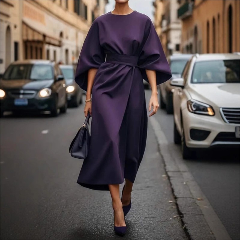 Oansatz Sieben-viertel Hülse Taille Jahrgang Kleid Für Frauen Elegante Einfarbig Temperament Fledermaus Hülse lässig Kleid weibliche