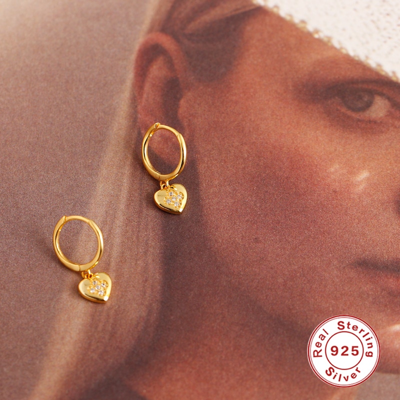 real 925 sterling silver Crystal Heart Hoop Earrings For Women Gold Fish butterfly Cartilage Earrings Charm Jewelry A30