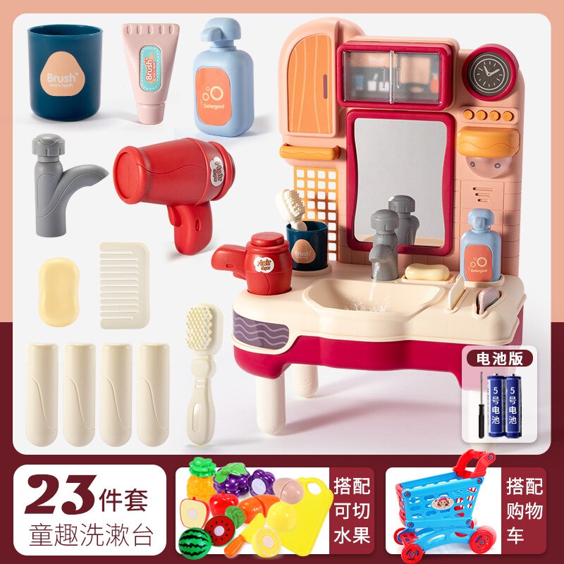 Kinderen Spelen Huis Wastafel Emulate Toy Meisje Leuke Jurk Up Tandenborstel Set Wastafel Simulatie Scène: Childlike Washbasin  Red  Battery Edition   Fruit 9 Pieces   Shopping Cart