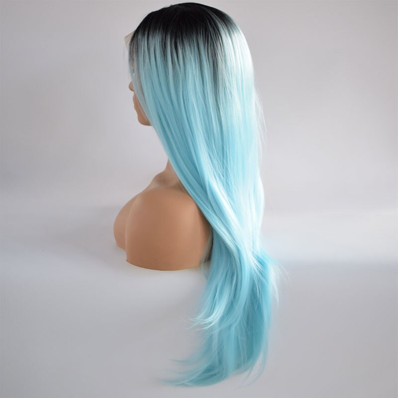 bomba czarny Ombre niebieskie włosy syntetyczne koronkowa peruka na przód jedwabiste proste włókno termoodporne włosy środkowe rozstanie dla kobiet peruki