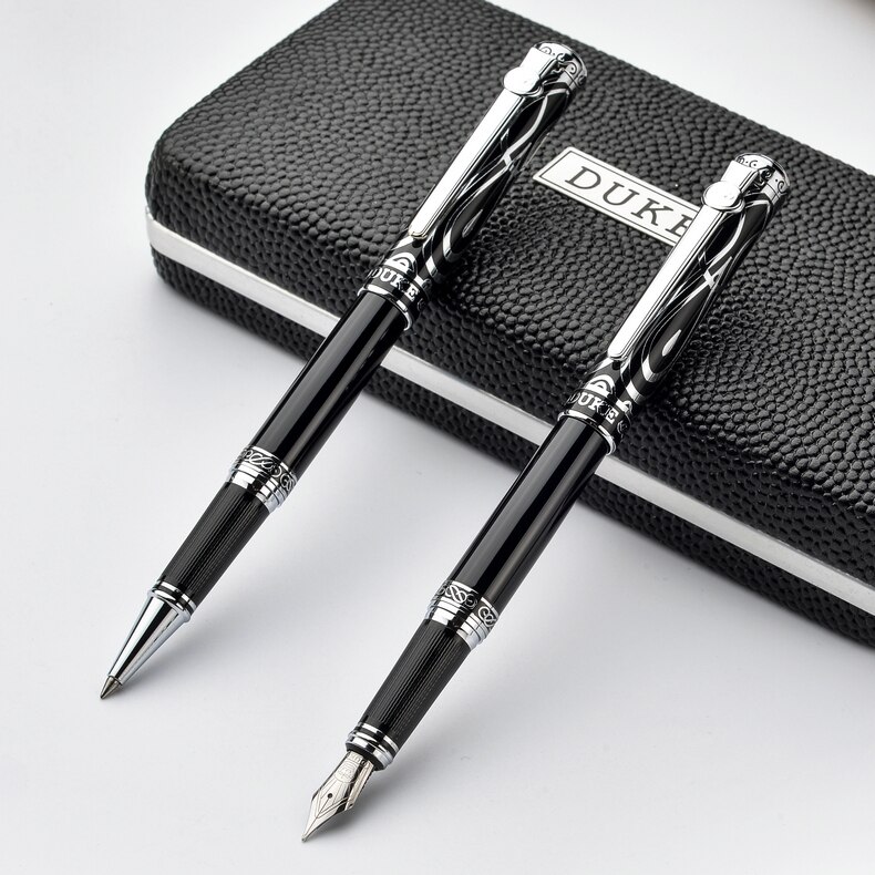 2pcs/lot Duke Luxury Gold 0.5MM Fountain Pen + 0.7mm Roller Ball Pen for Lovers Pens Christmas