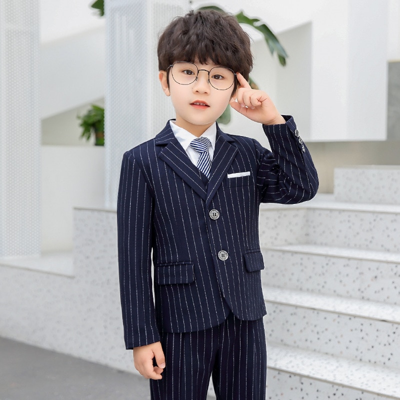 Children Formal Suits Flower Boys Wedding Party Performance Host Costume School Kids Striped Blazer Vest Pants 3pcs Outfits