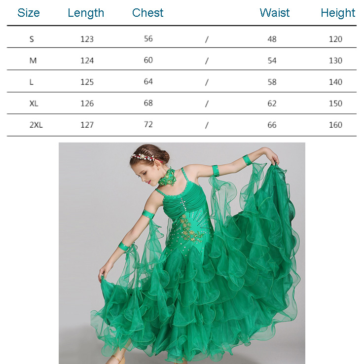 Children Kids Girls Pink White Tango Ballroom Viennese Waltz Dress Waltz Dance Costumes: Green / Height 110 to 120cm