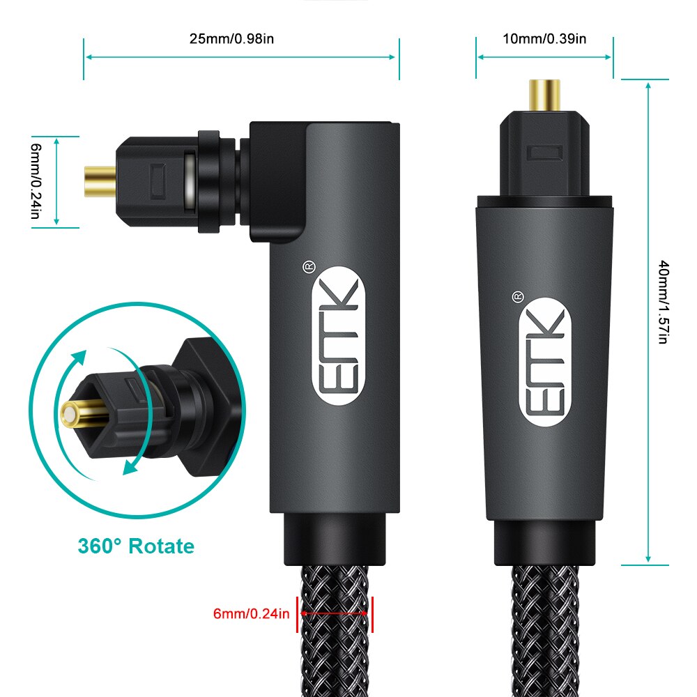 EMK 90-stopniowy cyfrowy optyczny kabel audio 5.1 Kątowy kabel Toslink SPDIF do odtwarzacza Blu-ray Xbox Soundbar Kabel światłowodowy