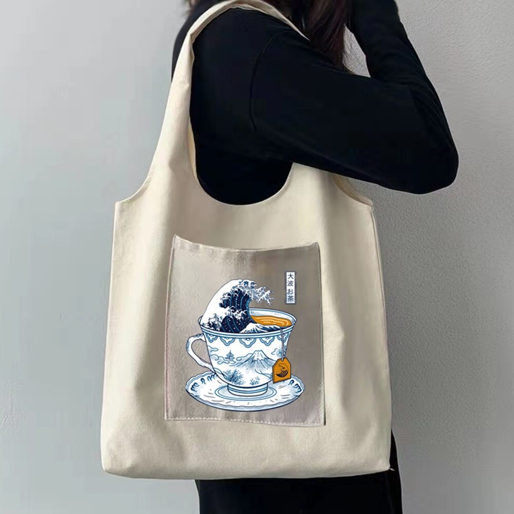 Mode Canvas Vest Tas Dames Wave Print Opvouwbare Reizen Diversen Opbergtas Wasbaar Draagbare Crossbody Schoudertassen: Style 17