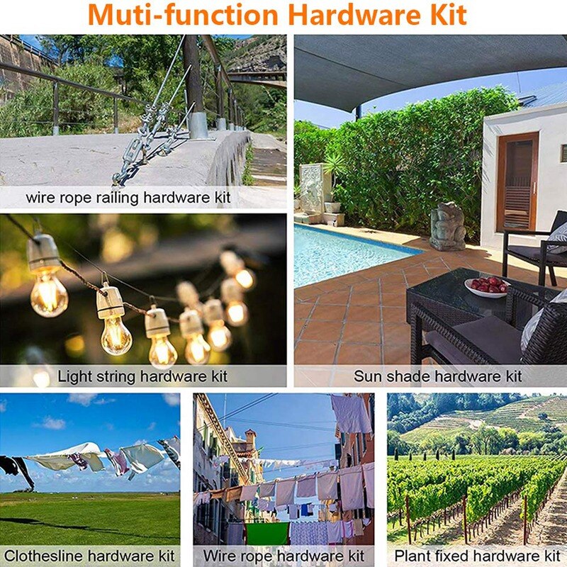 Garden Wire Rope/Outdoor String Light Suspension Kit,15M 3mm Stainless Steel Cable Rope with Clips Tensioner Turnbuckles
