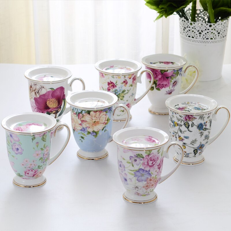Koffie Mok Met Deksel 300Ml Wit Bone China Porselein Thee Kopjes Met Deksel Luxe Dessert Schotel Engeland Middag thee Mok