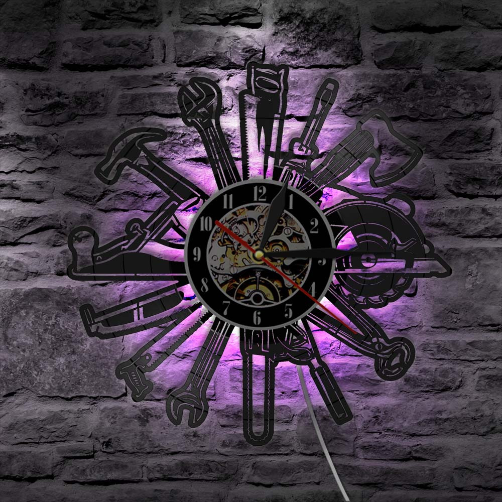 Mechaniker Service Auto Zauberstab Kunst LED Uhr Reparatur Werkzeug Schallplatte Wanduhr Papa der Garage Jahrgang Dekorative Werker