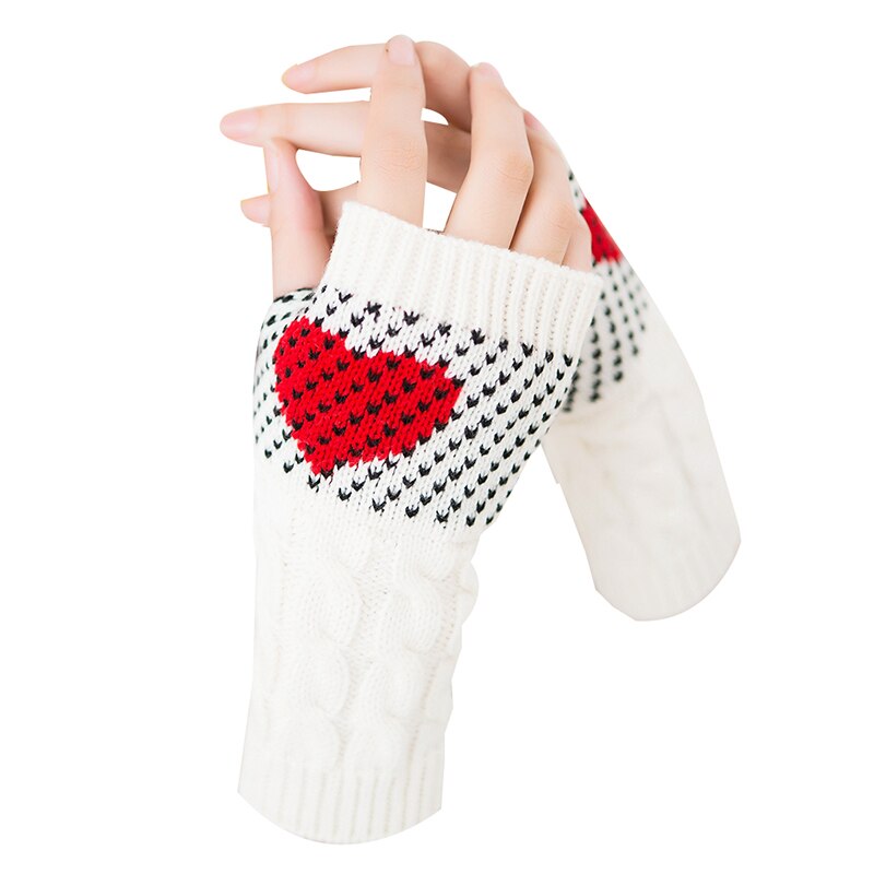 1 Pair Winter Heart Printing Half-finger Gloves Women Stylish Thick Warm Knitted Arm Wrist Warmer Fingerless Cute Gloves: white