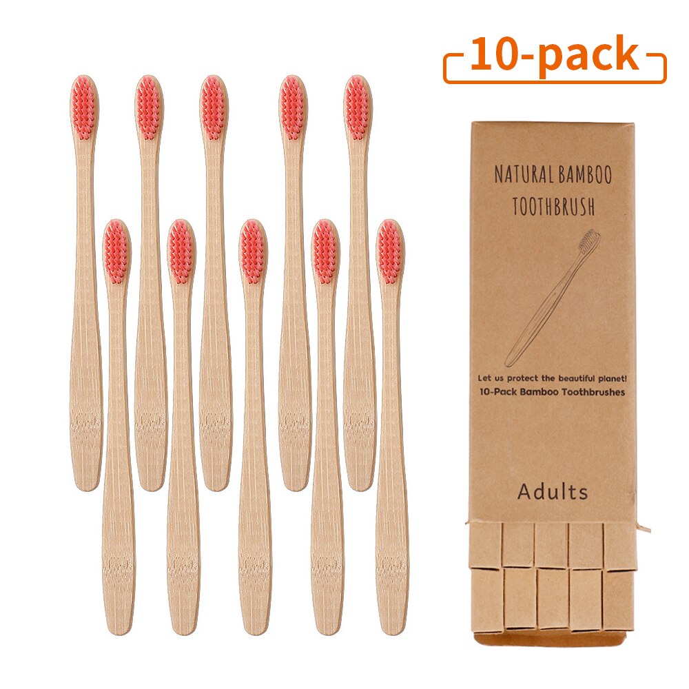 10Pcs Toothbrush Eco-Friendly Rainbow Bamboo Soft Fibre Toothbrush Biodegradable Teeth Brush Solid Bamboo Handle Toothbrush: A33red10pcs