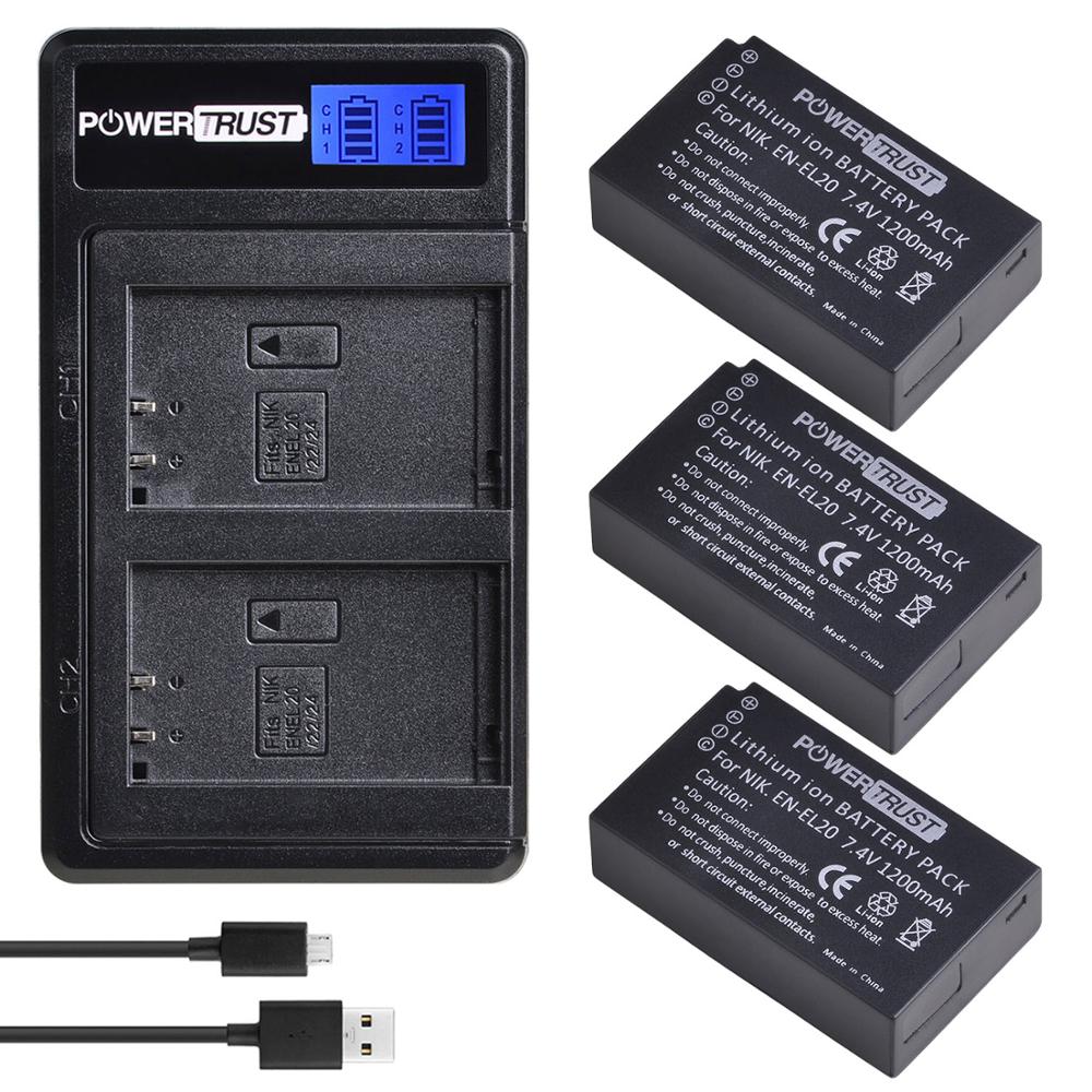 2 stk en -el20 en el20 enel 20 en el20a batteri og lcd dobbel lader for nikon coolpix  p1000 nikon 1 j1, j2, j3 nikon 1 aw1: 3 batterier og lader