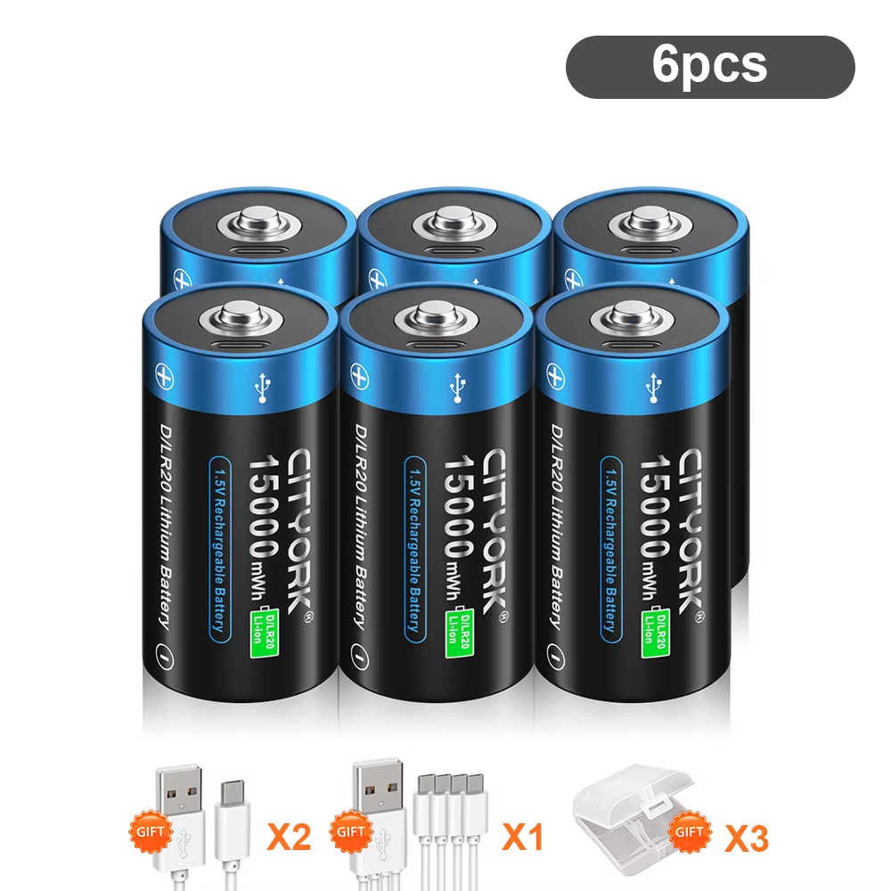 CITYORK-batería de litio recargable tamaño D, 1,5 V, carga USB, baterías de iones de litio R20 LR20 con USB para estufa de Gas, linterna de agua: YELLOW